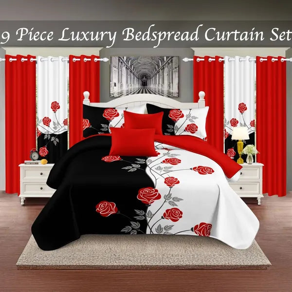 9 Piece Red Rose Floral Bedspread Curtain Set Queen King Cal King Bedding