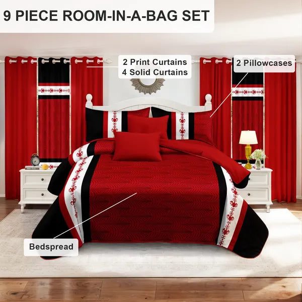 9 Piece Bed in a Bag Set Red White Boho Bedspread Curtains Queen King Cal
