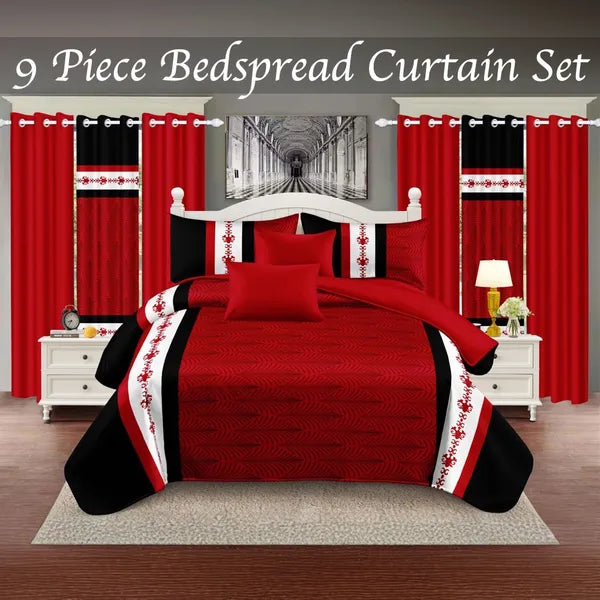 9 Piece Bed in a Bag Set Red White Boho Bedspread Curtains Queen King Cal