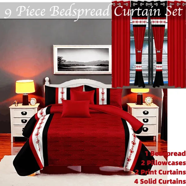 9 Piece Bed in a Bag Set Red White Boho Bedspread Curtains Queen King Cal