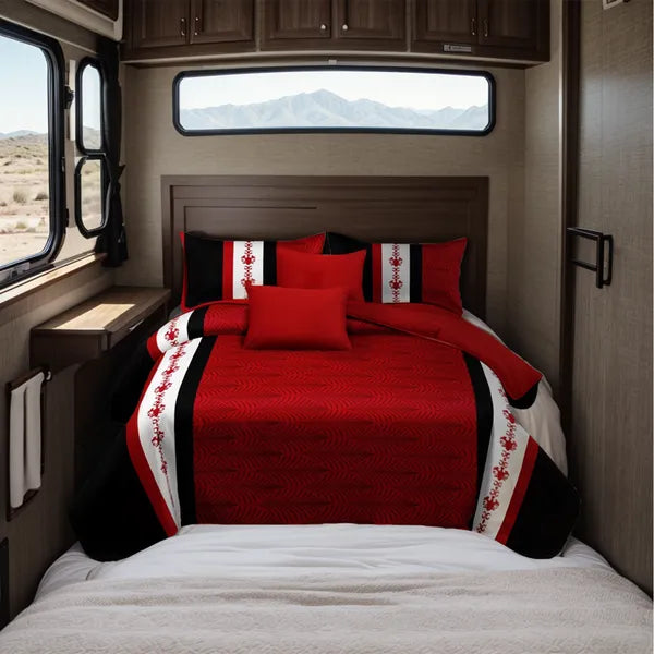9 Piece Bed in a Bag Set Red White Boho Bedspread Curtains Queen King Cal