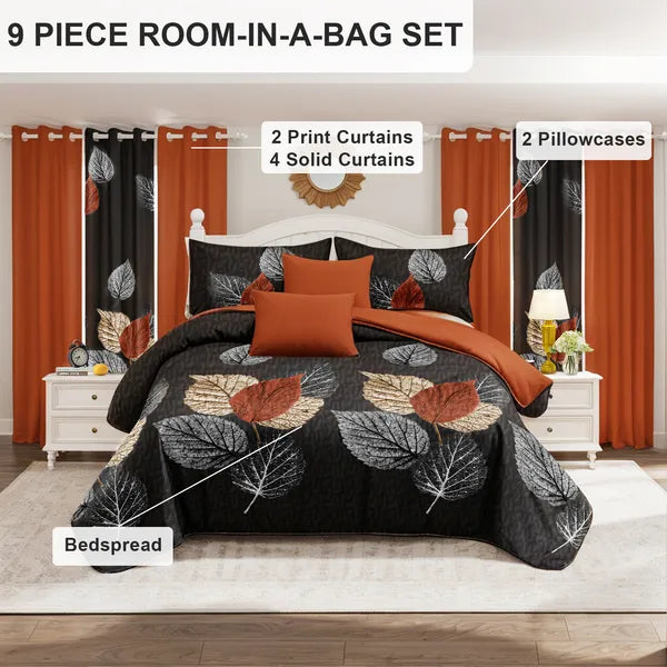 9 Piece Bed in a Bag Set Brown Black Leaf Bedspread Curtains Queen King Cal