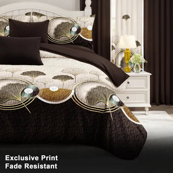 3 Piece Reversible Navy Blue Gold Feather Quilt Set Water Repellent King Cal