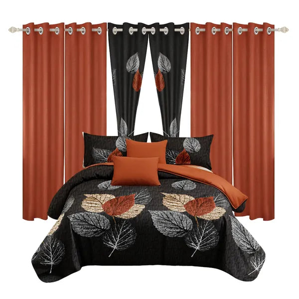 9 Piece Bed in a Bag Set Brown Black Leaf Bedspread Curtains Queen King Cal