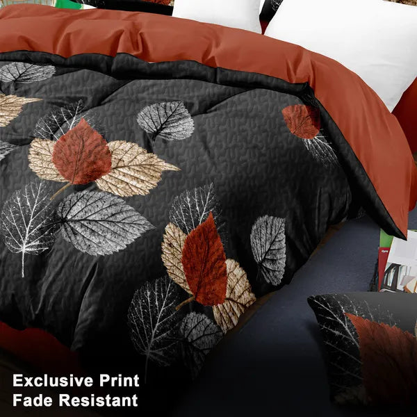 9 Piece Bed in a Bag Set Brown Black Leaf Bedspread Curtains Queen King Cal