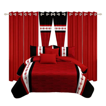 9 Piece Bed in a Bag Set Red White Boho Bedspread Curtains Queen King Cal
