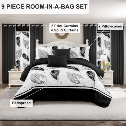 9 Piece Bed in a Bag Set Black White Feather Bedspread Curtains King Cal King