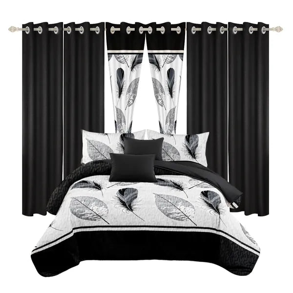 9 Piece Bed in a Bag Set Black White Feather Bedspread Curtains King Cal King