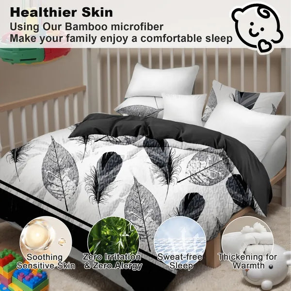 9 Piece Bed in a Bag Set Black White Feather Bedspread Curtains King Cal King