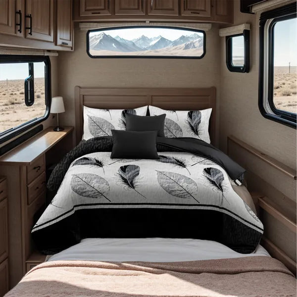 9 Piece Bed in a Bag Set Black White Feather Bedspread Curtains King Cal King