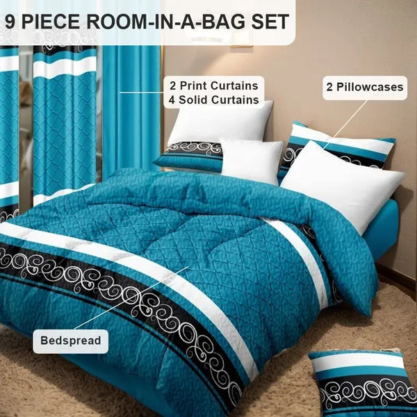 9 Piece Bed in a Bag Set Turquoise Swirl Bedspread Curtains Queen King Cal