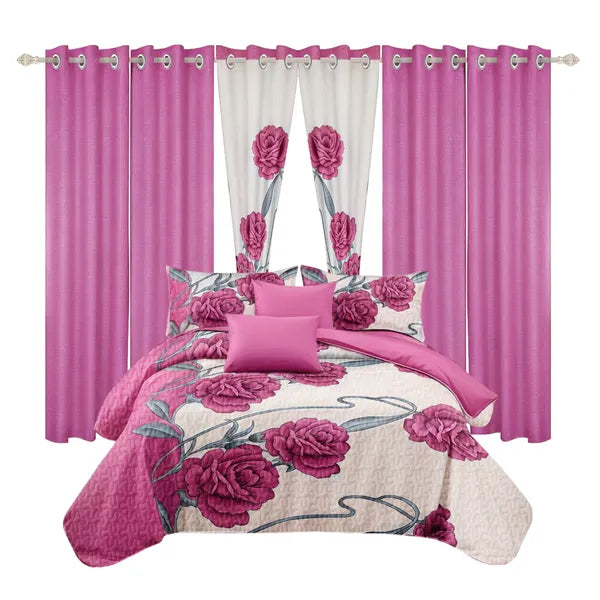 9 Piece Pink Rose Floral Bedspread Curtain Set Queen King Cal King Bedding