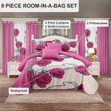 9 Piece Pink Rose Floral Bedspread Curtain Set Queen King Cal King Bedding