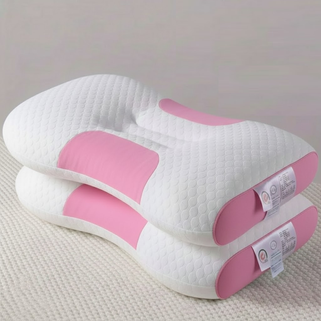 White and pink baby pillow on a neutral background