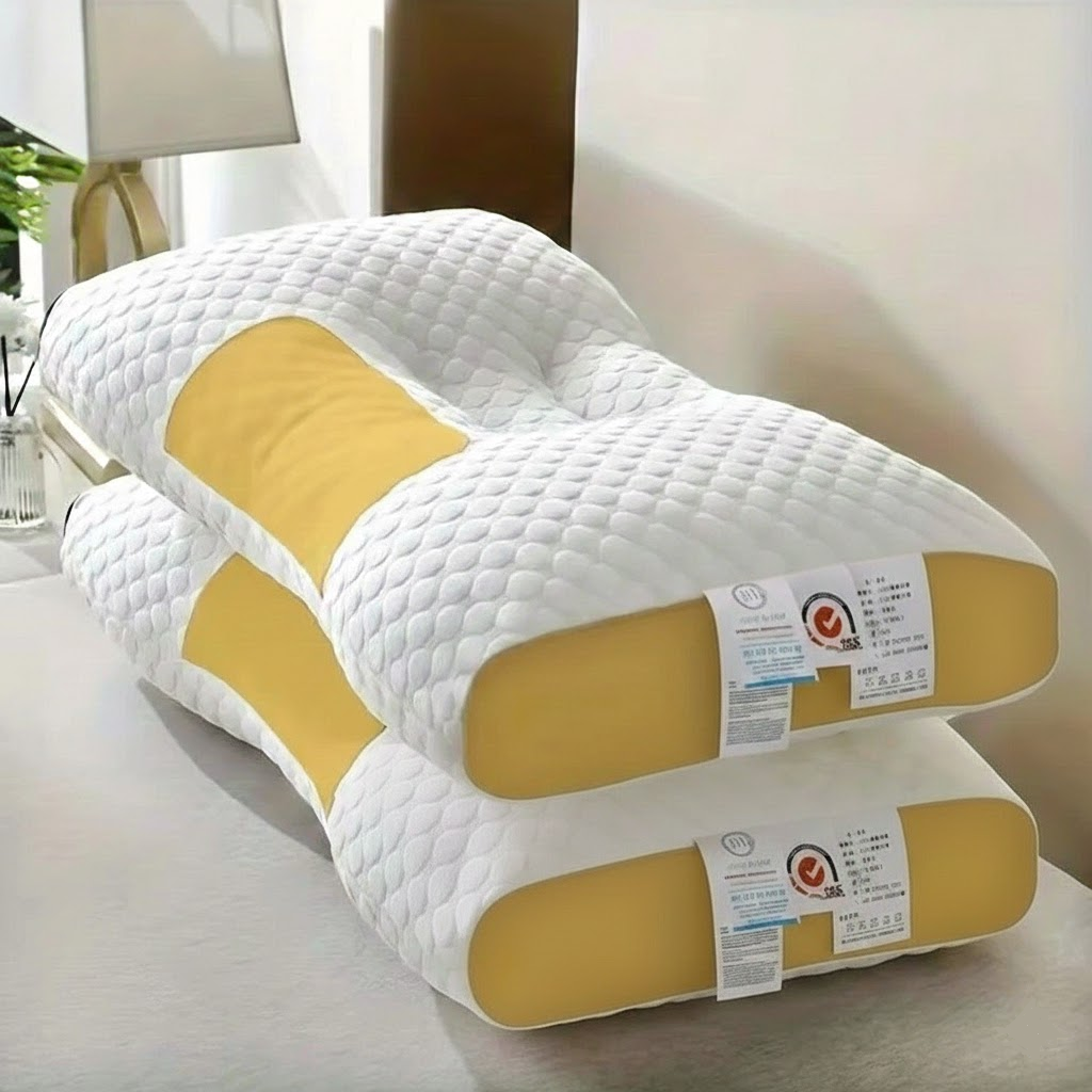 White and yellow orthopedic pillow on a bed in a bedroom setting
