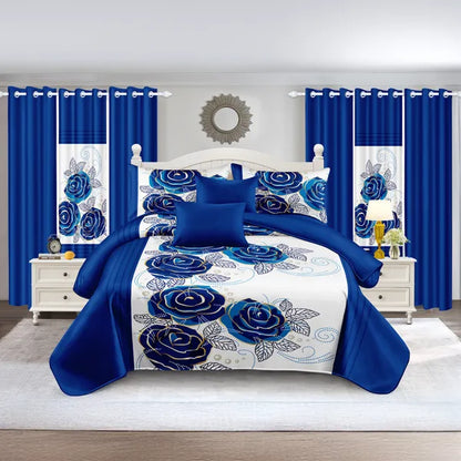 9 Piece Bed in a Bag Set Blue White Rose Bedspread Curtains Queen King Cal King
