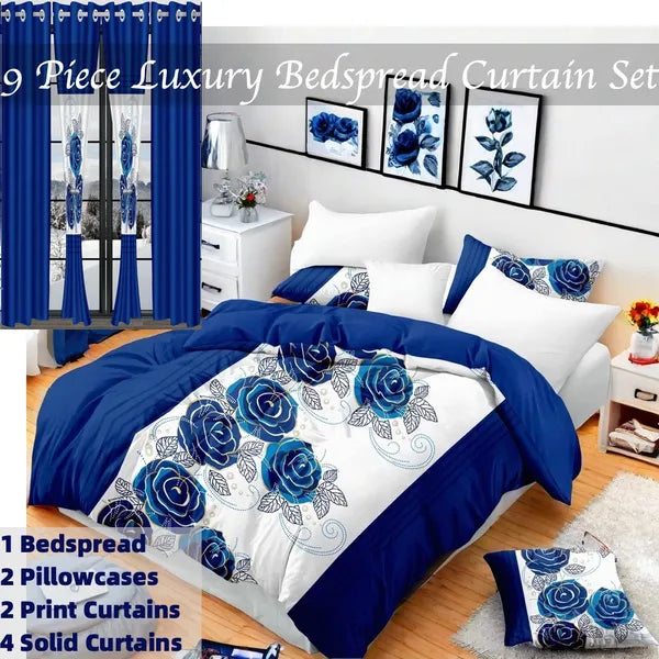 9 Piece Bed in a Bag Set Blue White Rose Bedspread Curtains Queen King Cal King