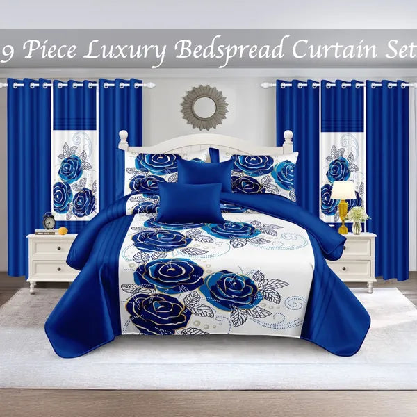 9 Piece Bed in a Bag Set Blue White Rose Bedspread Curtains Queen King Cal King