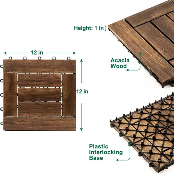 Acacia Wood Deck Tile Interlocking Flooring Waterproof Tiles Outdoor Patio 12x12
