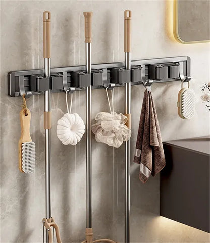 Wall Mount Broom Mop Holder Aluminum Alloy Tool Organizer 4 Clips 5 Hooks Gray