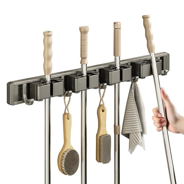 Wall Mount Broom Mop Holder Aluminum Alloy Tool Organizer 4 Clips 5 Hooks Gray