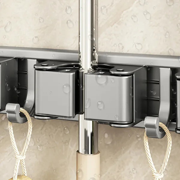 Wall Mount Broom Mop Holder Aluminum Alloy Tool Organizer 4 Clips 5 Hooks Gray