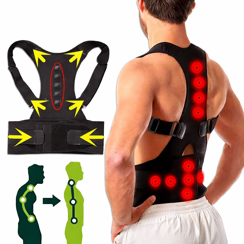 Person wearing a black posture corrector with red LED lights and yellow arrows on a white background.