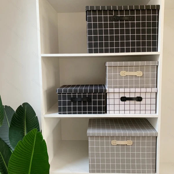 Collapsible Fabric Storage Box with Lid Foldable Closet Organizer Bin PU Handle