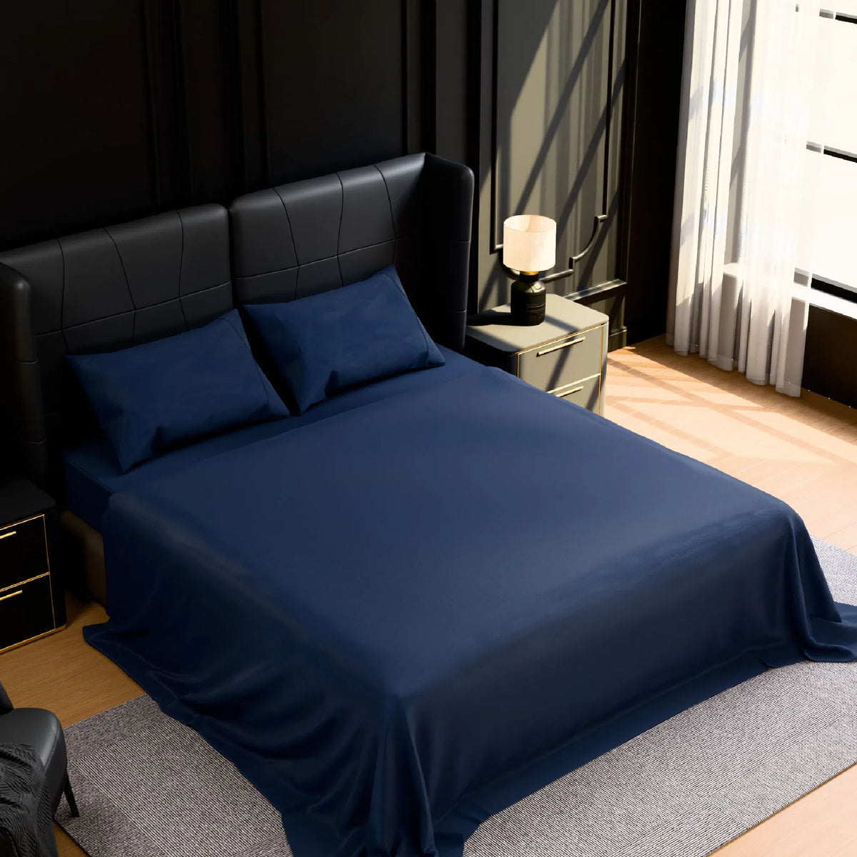 King Size Sheets 4PC Navy Blue Brushed Microfiber 14" Deep Pocket Bedding Set