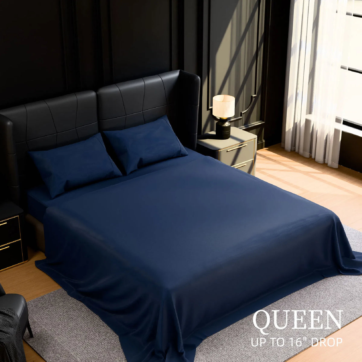 Queen Sheet Set 4 Piece Navy Blue Brushed Microfiber Soft 14" Deep Pocket Sheets