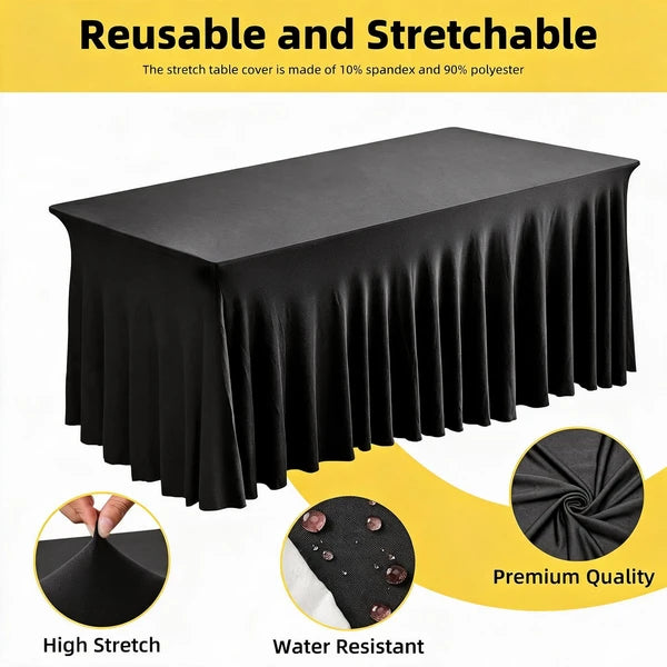 6FT Black Spandex Table Skirt Ruffled Fitted Tablecloth 72x30 Wedding Banquet