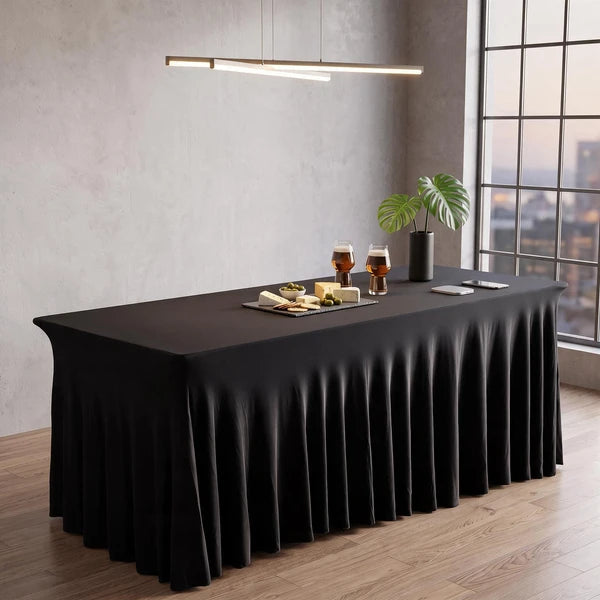 6FT Black Spandex Table Skirt Ruffled Fitted Tablecloth 72x30 Wedding Banquet