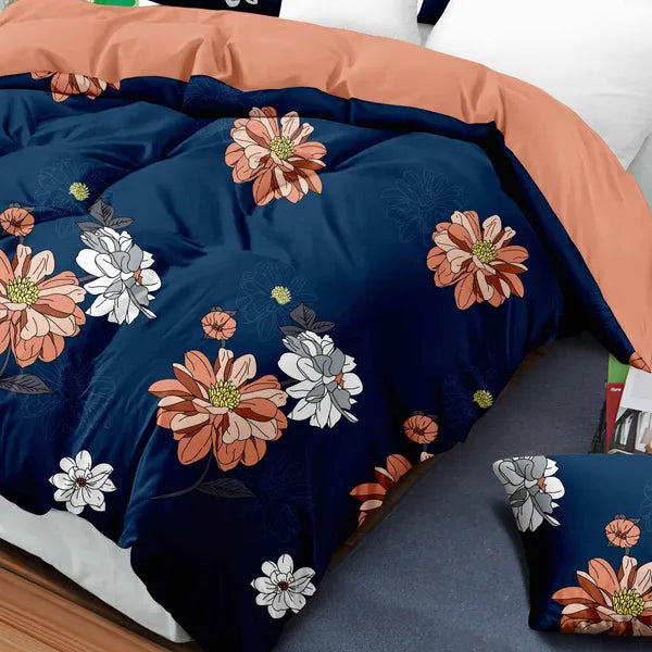 9 Piece Navy Coral Floral Bedding Set With Curtains Bedspread Queen King Cal King
