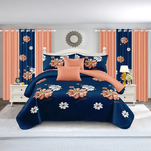 9 Piece Navy Coral Floral Bedding Set With Curtains Bedspread Queen King Cal King