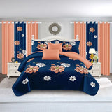 9 Piece Navy Coral Floral Bedding Set With Curtains Bedspread Queen King Cal King