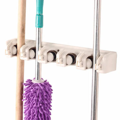 Broom Holder Wall Mount Mop and Broom Organizer Rack 5 Slots 6 Hooks White