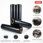 Four rolls of black shrink wrap with examples of use and product features on a white background.