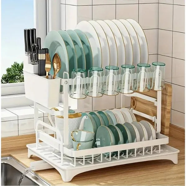 2 Tier Dish Drying Rack with Drain Board Large Capacity Kitchen Drainer White