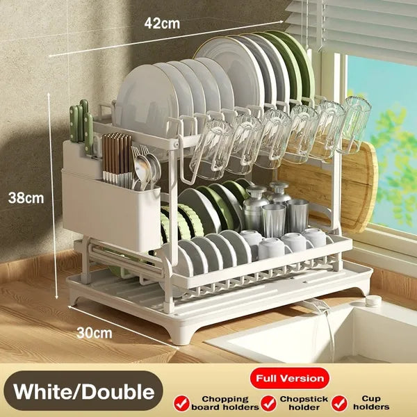 2 Tier Dish Drying Rack with Drain Board Large Capacity Kitchen Drainer White