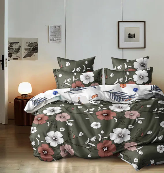 5 Piece Green Floral Duvet Cover Set With Corner Ties Pillowcases Cushion Shams