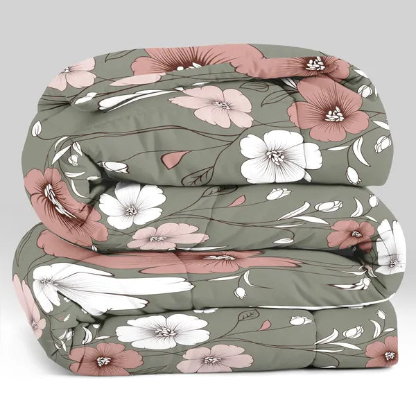 5 Piece Green Floral Duvet Cover Set With Corner Ties Pillowcases Cushion Shams