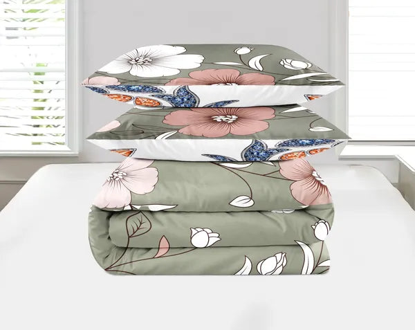 5 Piece Green Floral Duvet Cover Set With Corner Ties Pillowcases Cushion Shams