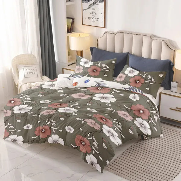 5 Piece Green Floral Duvet Cover Set With Corner Ties Pillowcases Cushion Shams