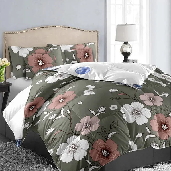 5 Piece Green Floral Duvet Cover Set With Corner Ties Pillowcases Cushion Shams