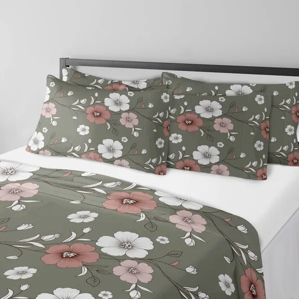 5 Piece Green Floral Duvet Cover Set With Corner Ties Pillowcases Cushion Shams