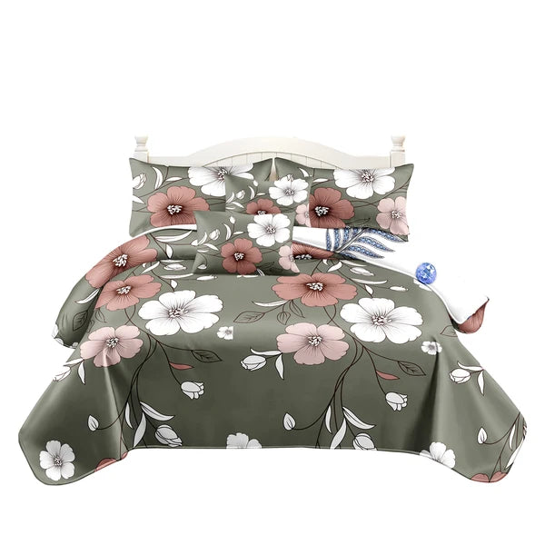 5 Piece Green Floral Duvet Cover Set With Corner Ties Pillowcases Cushion Shams