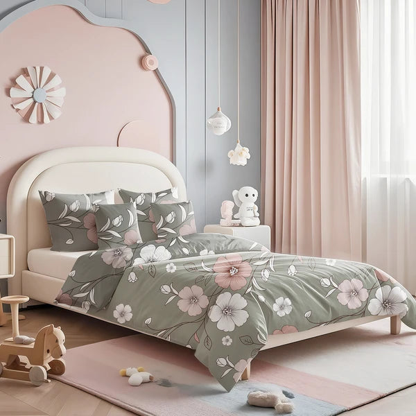 5 Piece Green Floral Duvet Cover Set With Corner Ties Pillowcases Cushion Shams