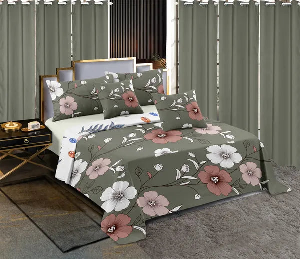 5 Piece Green Floral Duvet Cover Set With Corner Ties Pillowcases Cushion Shams