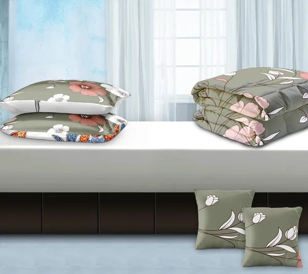5 Piece Green Floral Duvet Cover Set With Corner Ties Pillowcases Cushion Shams