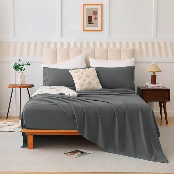 King 4 Piece Bed Sheet Set Soft Cotton Blend Fitted Flat Sheet 2 Pillowcases